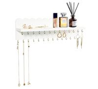 Lampaggio Organizador de joyas de pared con 26 ganchos y estante para cosméticos, moderno soporte de madera para collares, pulseras, aretes y anillos, color blanco