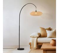 Lámpara arqueada Lindby Solvian, negro/natural, bambú, metal