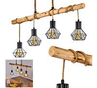 Lámpara colgante Bardhaman, lámpara colgante de metal/madera/cordón en negro/naturaleza, 4 x E27, lámpara colgante con pantallas de madera en diseño retro/vintage, altura máx. 173 cm, sin bombilla(s)