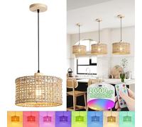 Lámpara colgante de bambú con batería y mando a distancia, funciona con pilas, lámpara colgante de ratán, con bombillas recargables RGB de 10.000 mAh para cocina, no requiere cableado
