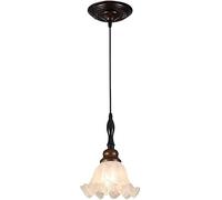 Lámpara colgante de mesilla de noche de estilo americano vintage, hierro bronce oscuro y madera de caucho, pantalla de cristal opalino con volantes en forma de pétalo, casquillo E14, lámpara LED de un
