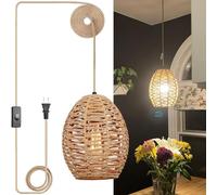 Lámpara colgante de ratán con cable de cuerda de cáñamo de 15 pies, luces colgantes con cable enchufable, lámpara de cesta de mimbre tejida bohemia, lámpara de techo enchufable para dormitorio,cocina
