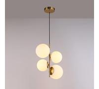 Lámpara Colgante de Techo 4 Esferas TANNA, Lámpara Colgante Moderna Cristal Opalino y Aluminio, Casquillo E27, Ø 15cm, Altura Regulable, Ideal para Salon Comedor, Cocina o Dormitorio (Dorado)
