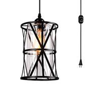Lámpara Colgante de Techo con Marco de Metal Negro, Estilo Art Deco Moderno, lámpara Colgante con Farol de Cristal, Accesorio Que se Conecta a la Toma de Pared para Cocina, Isla, Dormitorio, Comedor