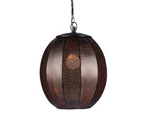 Lámpara colgante Konoos en metal negro y cobre, estilo oriental 35 cm | Konoos combina negro por fuera y cobre por dentro; esta lámpara artesanal con dibujo oriental crea un cálido juego de luces.