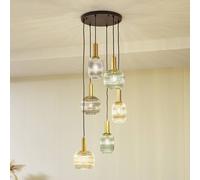 Lámpara colgante Lindby Doroteo, 6 luces, verde/ámbar/gris, cristal