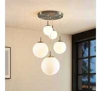 Lámpara colgante Lindby Heleska, blanca, de cristal, 5 luces, Ø 50 cm True