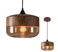 Lámpara colgante moderna, lámpara colgante de vidrio industrial retro, lámpara colgante con acabado de madera y metal, lámpara colgante para isla de cocina, lámpara de techo con pantalla de vidrio ámb