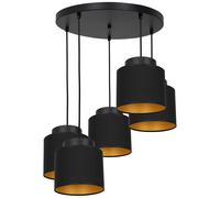 Lámpara Colgante Negro Oro 5 Focos Pantalla de Tela Moderno E27 Comedor