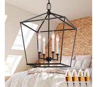 Lámpara Colgante Tipo Farol Negra de 4 Luces con Jaula metálica, Estilo Industrial, luminaria de Techo Vintage para Isla de Cocina rústica, vestíbulo, recibidor y Comedor, níquel Cepillado.