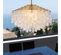 Lámpara de araña Capiz Shell Coastal, 6 Luces Doradas, Estilo Bohemio Moderno para Comedor, Dormitorio y Sala de Estar. Latón, 23.62