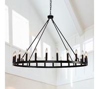 Lámpara de araña de 24 Luces con Forma de Rueda de Carro de Mediados de Siglo, Color Negro. Lámpara de Porche Grande para Exteriores, Estilo Vela, Ideal para iluminar Patios, Jardines y entr