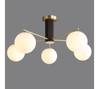 Lámpara de araña de Cristal lechoso de latón con Forma de Globo, 5 Luces, Moderna lámpara de Techo Sputnik, semiempotrada, Dorada, Estilo Comedor de Mediados de Siglo, con Columna Central de