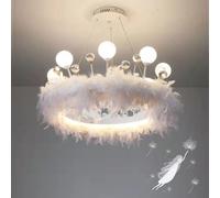Lámpara de araña de Plumas Blancas para Dormitorio de niñas, lámpara Colgante LED Regulable, lámpara de Techo Redonda con Corona de Princesa, lámpara nórdica Moderna para habitación Infantil