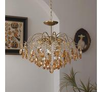 Lámpara de araña Moderna de Cristal, Estilo Mediados de Siglo, en Oro Cepillado con Base E14 y Colgantes de Cristal en Forma de Gota de Lluvia, Cadenas Ajustables, Ideal para Dormitorio, Sal