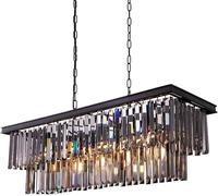 Lámpara de araña moderna de cristal negro - Luz de isla rectangular con prismas de cristal ahumado Iluminación colgante de altura ajustable para comedor, cocina o sala de estar - Compatible con