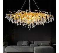Lámpara de araña rectangular con rama de árbol de cristal, moderna, grande, dorada, lineal, con forma de gota de lluvia, para interior, para comedor, cocina, isla, sala de estar, dormitorio, 10 luces