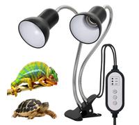 Lámpara de calor para reptiles de doble cabeza, lámpara de calor giratoria de 360° con abrazadera, lámpara de calefacción E27 UVA UVB con temporizador de ciclo inteligente para tortugas, serpientes