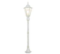 Lámpara de camino con detector de movimiento, cristal y aluminio, blanco y dorado, IP44, 112,5 cm de altura, E27, farol, lámpara de pie rústica y nostálgica, exterior, BRISTOL