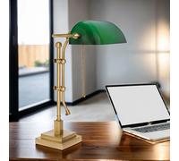 Lámpara De Escritorio Banker Verde 49cm Latón Vidrio Ajustable E27 Con Cadena