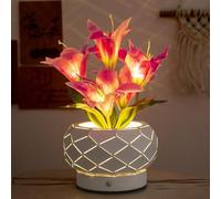 Lámpara de escritorio inalámbrica recargable Lily de color púrpura, 3 colores, regulable, flor artificial, lámpara decorativa, maceta de hierro hueca geométrica para decoración de café y fiesta, lila