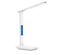 Lámpara de escritorio LED con cargador inalámbrico 10W, lámparas de estudio multifunción de cuidado de ojos, con reloj, alarma, fecha, temperatura, iluminación regulable de 5 niveles,Blanco