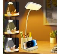 Lámpara de escritorio para niños, 3 modos, lámpara de mesa LED regulable con portalápices y soporte para teléfono, ajustable 360°, cuello de cisne, lámpara de lectura, táctil para los ojos, lámpara de
