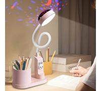 Lámpara de escritorio para niños, lámpara de estudio con proyección de cielo estrellado, lámpara de noche LED, lámpara de mesa con soporte para bolígrafo, recargable por USB, lámpara de mesa regulable