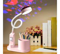 Lámpara de escritorio para niños: lámpara de estudio con proyección de cielo estrellado, recargable por USB, lámpara de mesa de cuello de cisne, regulable, lámpara de noche LED con soporte para