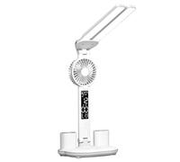 Lámpara de estudio de doble cabezal con ventilador, lámpara LED de escritorio con soporte para reloj y bolígrafo, lámpara de mesa de control táctil, visualización de temperatura, hora y fecha con