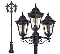 Lámpara de exterior Hongkong, candelabro de aspecto antiguo, fundición de aluminio en negro mate con cristales, luz de camino, regulable en altura, lámpara de jardín retro, 3x E27, IP44, sin bombillas