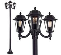 Lámpara de exterior NATAL, candelabro de aspecto antiguo, fundición de aluminio en negro mate con cristales, luz de camino de 3 brazos, 210cm, lámpara de jardín retro/vintage, E27, IP44, sin bombillas