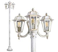 Lámpara de exterior NATAL, candelabro en aspecto antiguo, aluminio fundido en blanco/oro con cristales, lámpara de camino de 3 brazos 210cm, lámpara de jardín retro/vintage, E27, IP44, sin bombilla(s)