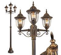 Lámpara de exterior Ribadeo, candelabro de aspecto antiguo, aluminio fundido en negro/oro con cristales, luz de camino de 3 brazos 225 cm, lámpara de jardín retro/vintage, E27, IP44, sin bombilla(s)