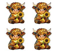 Lámpara de girasol con vaca Highland de LED, decoración multifuncional y adorable para mesitas de noche, lámpara artesanal de cristal de colores para hogar, oficina y dormitorio - Pack de 4