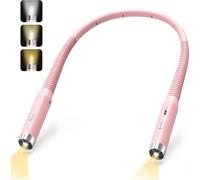 Lámpara de lectura para leer en la cama, recargable, para el cuello, LED, 3 colores, brillo ajustable, rosa