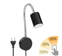 ledscom.de Lámpara de lectura WAIKA con cuello de cisne, enchufe, interruptor negro mate, incl. lámpara LED GU10 blanco cálido Regulación en 3 niveles: máx. 500lm cada uno