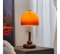 Lámpara de Mesa Antigua de Madera E27 Lámpara de Interior Tipo Hongo con Interruptor de Tirador Lámpara de Mesa con Pantalla Cristal Naranja con Interruptor de Cable Lámpara de Noche Sin Fuente de Luz