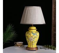 Lámpara de Mesa China con diseño de Flores y pájaros, de 56 cm de Largo y 34 cm de Ancho. Pantalla de Tela Beige para mesita de Noche. Lámpara de cerámica Azul/Amarilla .,B-56X34CM