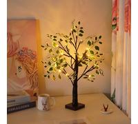 Lámpara de mesa de abedul negro con árbol de Navidad iluminado con hojas verdes artificiales y 24 luces LED blancas cálidas para chimenea, dormitorio, casa, fiesta, boda, mini árbol bonsái, 60 cm