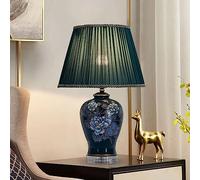 Lámpara de mesa de cerámica europea: diseño de frasco de jengibre de flores pintados chinos de noche y iluminación de escritorio para decoración del hogar ideal para ambiente de dormitorio. Aqiong