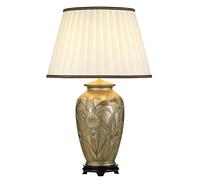 Lámpara De Mesa De Tela Y Cerámica En Plata Y Crema 74 Cm Pintada A Mano E27