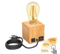 ledscom.de Lámpara de sobremesa HITO, madera maciza, angular, USB, incl. lámpara E27 retro, dorada, máx. 814lm, 3 niveles, blanco extra cálido