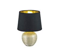 Lámpara de mesa LED clásica con base de cerámica, altura 26 cm, color dorado con pantalla de tela, diámetro de 18 cm, color negro y dorado
