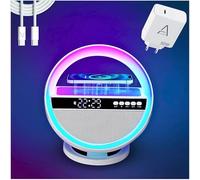 Lámpara de Mesa LED RGB Inteligente 6 en 1 Grande con Forma de O, Altavoz Bluetooth, Radio FM, Reloj Despertador, Cargador Inalámbrico QI 15W, Lámpara de Luz Nocturna RGB Regulable, Adultos, Niños.