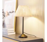 Lámpara de mesa Lindby Zyralia, color madera, ratán, Ø 30 cm