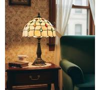 Lámpara de Mesa "Rafa". Pantalla de Cristal Beige detalles multicolor, E27. Base de metal estilo antigua. Lámpara de mesa Tiffany Retro vintage para sala de estar, dormitorio, mesita de noche.