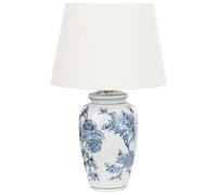 Lámpara de mesita de noche clásica con pantalla de tela de lino base de porcelana en forma de tambor blanco y azul Beluso