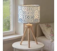 Lámpara de mesita de noche con pantalla estampada azul y base trípode de madera natural, Bombilla LED E27 incluida - Ideal para dormitorio - lamparas sobremesa - lamparas de mesa para salon (Azul)