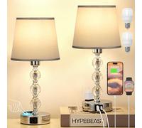 Lámpara de mesita de noche de cristal, juego de 2, Abat Jour de mesilla táctil regulable de 3 vías con puertos USB-A+C + 2 toma de CA, lámparas de mesa para dormitorio, salón, oficina (2 bombillas